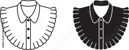 Vector Collar Icon:  Elegant Ruffled Shirt Collar Sign, Black and White Symbol, Fashion Design Element.