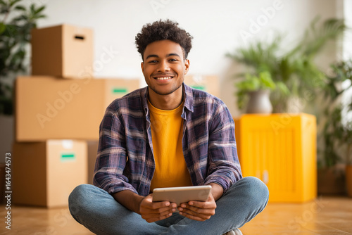 Smiling young man with tablet and moving boxes