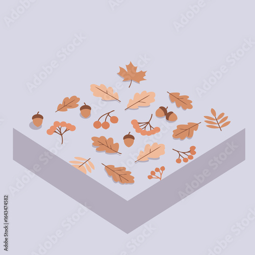 Autumnal elements in muted tones on a light gray surface. Isometric illustration of various fall foliage, acorns, and rowan berries arranged in a repeating pattern on a 3D platform.