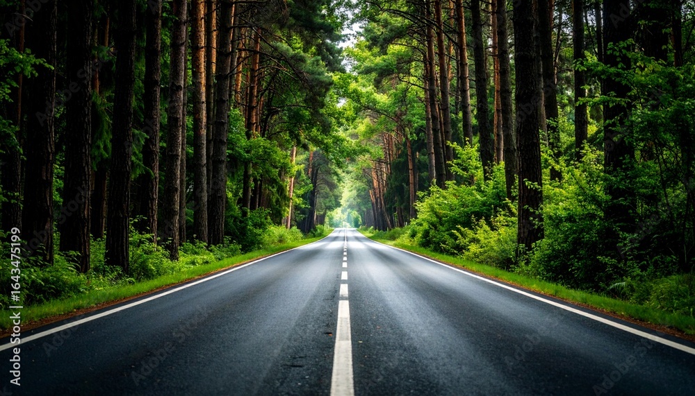 Obraz premium 森の中の長い直線道路 センターライン シンメトリー