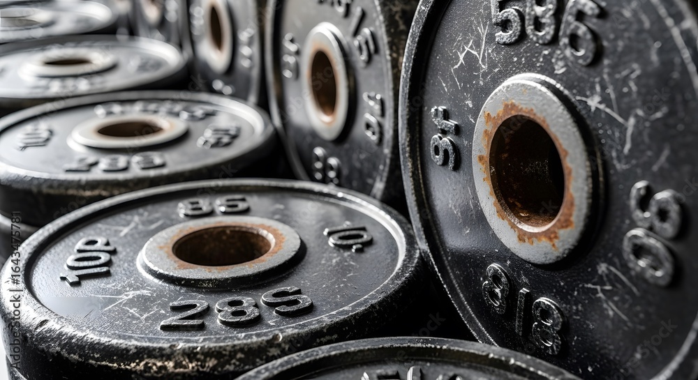 Obraz premium Close-up of stacked weight plates for strength training at a gym.