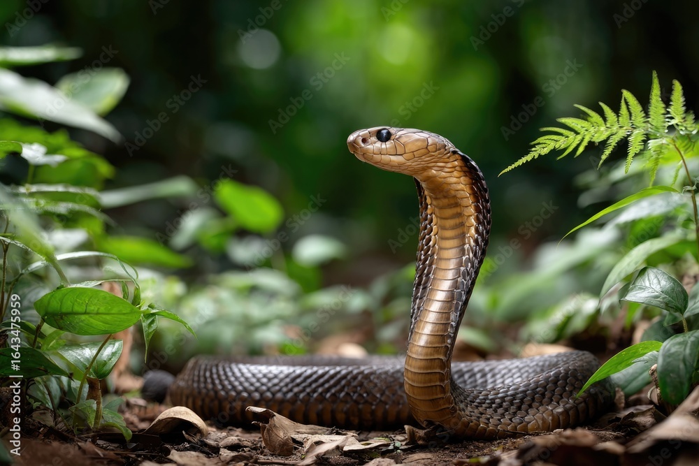 Fototapeta premium Indian cobra in a defensive display in the forest 