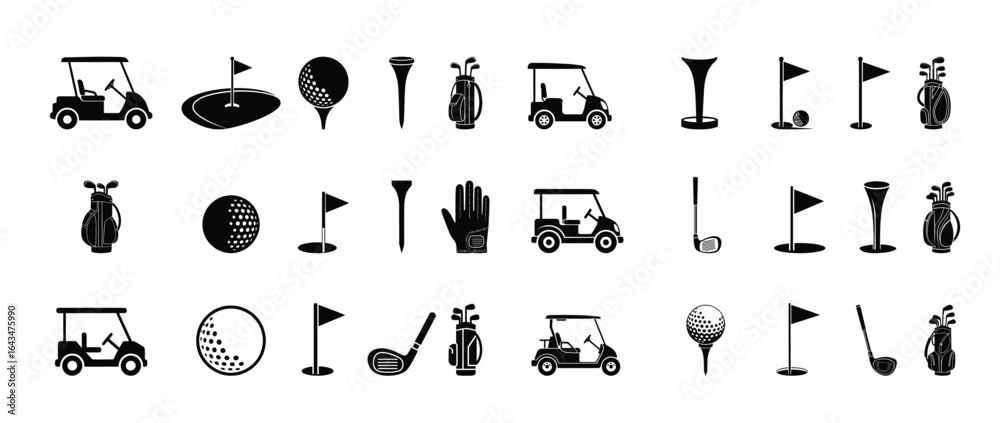 Obraz premium Golf Equipment Icon Set – Golf Cart, Clubs, Ball, Tee, Flag, and Accessories Vector
