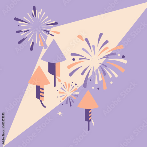 Abstract fireworks and firecrackers on a pastel background. Geometric design with celebration elements.