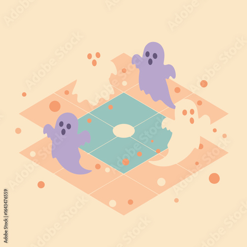 Pastel ghosts in flight on a tiled surface with a soft background. Cute spectral figures in a whimsical isometric setting. Halloween illustration for promotional material -