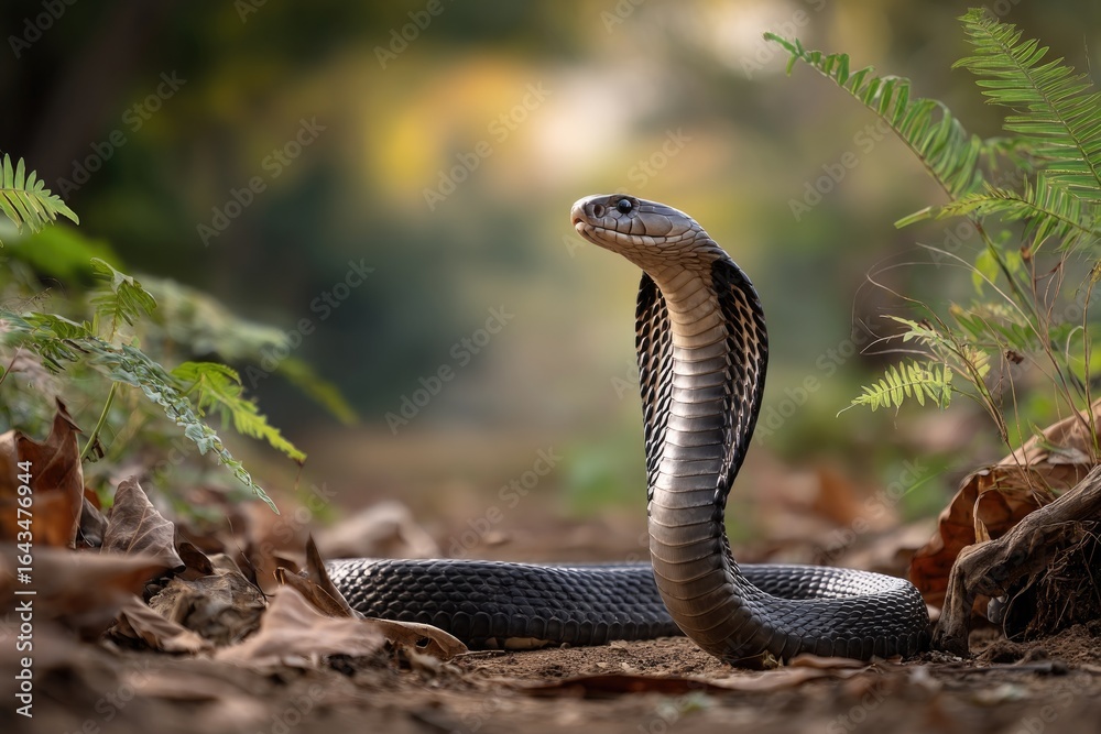 Fototapeta premium Indian cobra in a defensive display in the forest 
