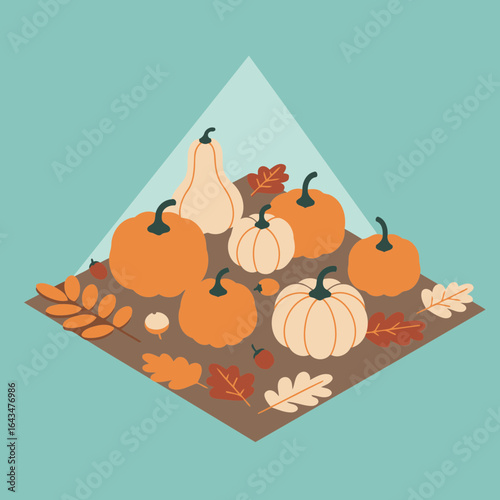 Autumn harvest display of pumpkins and gourds in an isometric style. Colorful display of gourds and pumpkins arranged on a surface with fallen leaves and acorns.
