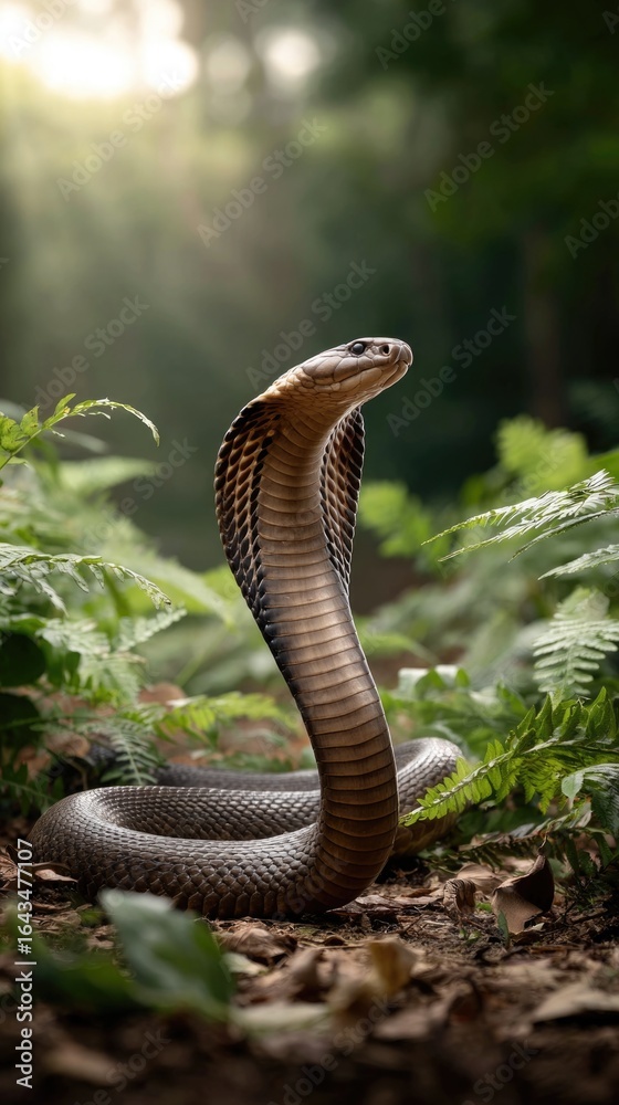 Fototapeta premium Indian cobra in a defensive display in the forest 