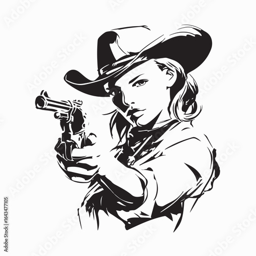 Attractive Cowgirl Holding Pistol Western Style Vector on white background