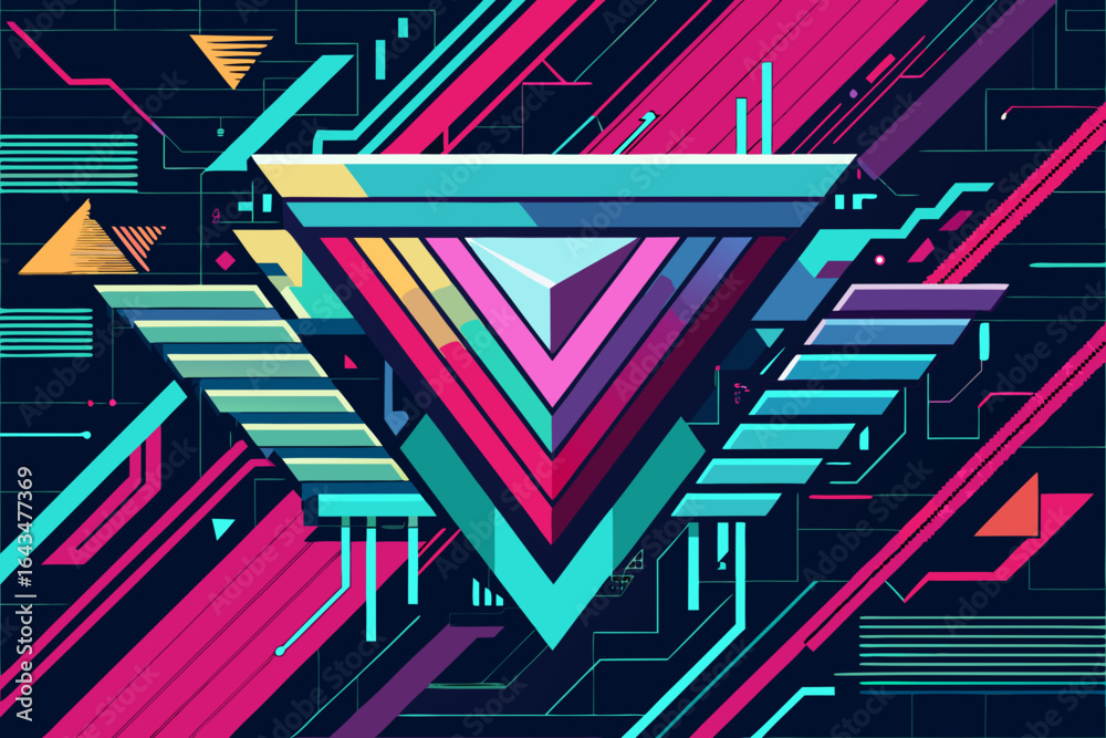 Dynamic abstract geometric composition with vibrant neon lines and futuristic triangle forms evoking tech innovation and digital art
