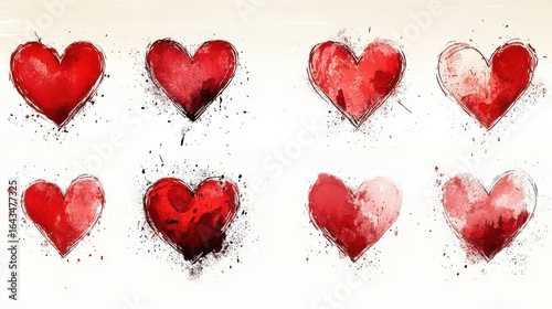 Eight watercolor hearts, red, pink, splash, grunge.