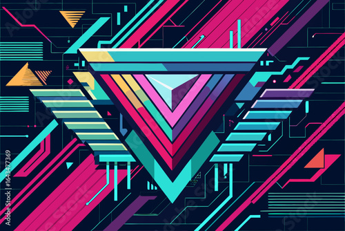 Dynamic abstract geometric composition with vibrant neon lines and futuristic triangle forms evoking tech innovation and digital art