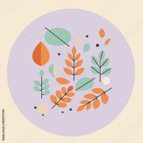 Abstract autumnal leaves in muted colors arranged in a circular design on a lavender background. Simple shapes and minimalist aesthetic with a nature-inspired theme.
