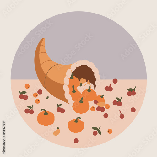 Thanksgiving cornucopia filled with pumpkins and berries on a light pink surface. Autumnal harvest display with scattered fall produce.