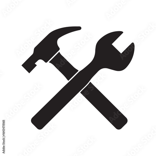 Crossed Hammer and Wrench Black Silhouette on White Background
