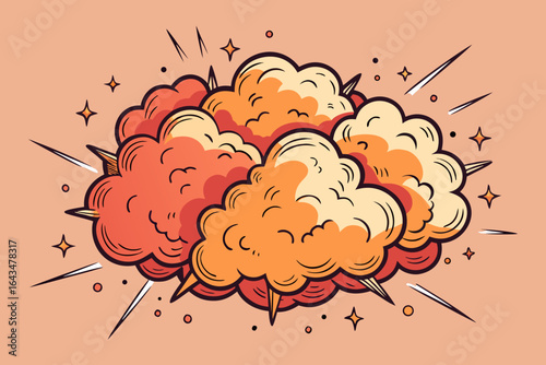 Dynamic comic book style explosion graphic with vibrant orange and yellow clouds, sharp lines, and sparkling stars, perfect for action-packed projects and energetic designs.