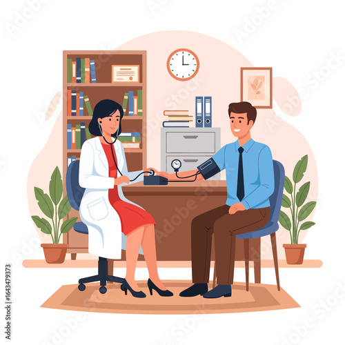 Female doctor measuring blood pressure of a male patient in a clinic. Healthcare concept.