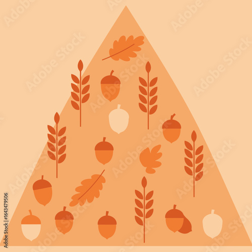 Autumnal design featuring acorns, leaves, and wheat sprigs in muted orange and beige tones. Abstract pattern arranged on a soft peach background with a triangular shape.