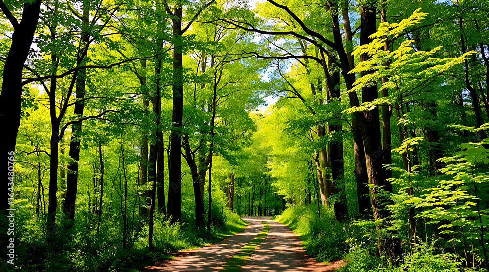 Obraz premium Sunlight streams through a foggy autumn forest, illuminating a winding path among the trees and fallen leaves