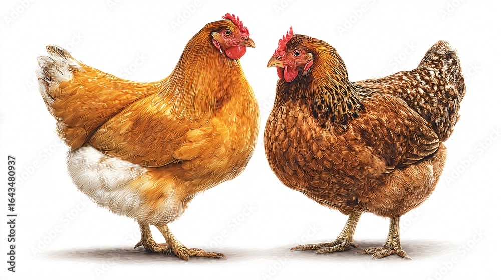 Fototapeta premium Two Isolated Hens for Agriculture Illustration