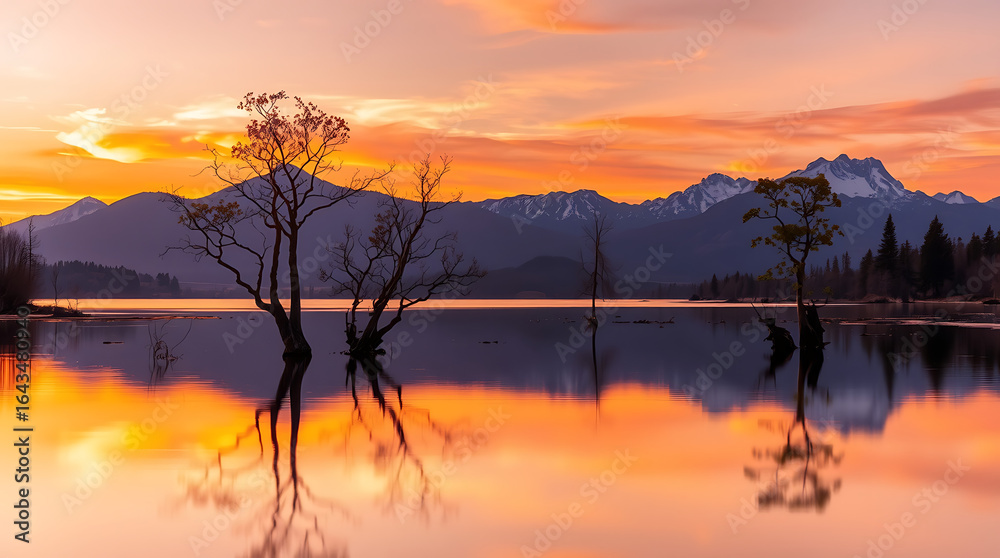 Fototapeta premium Golden sun setting and rising over the tranquil lake, its reflections mirroring the colorful sky and surrounding forest