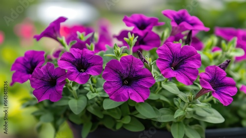 Vibrant purple petunias blooming in a lush garden setting  