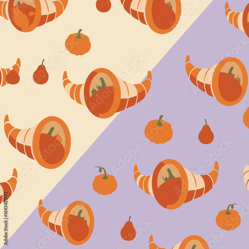 Thanksgiving cornucopia pattern with pumpkins and pears on light beige and lavender background. Simple, festive design for autumnal themes.