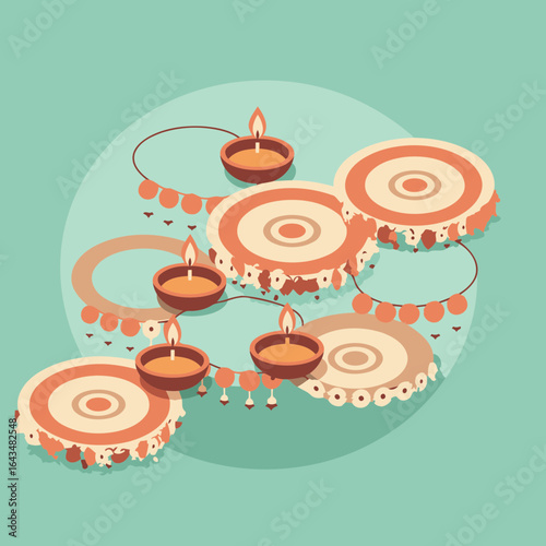 Diwali decorative diyas with floral garlands on a light teal background. Ornate, circular diyas are arranged in a layered, isometric view, with flickering candle lights and floral decorations.