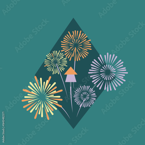Abstract fireworks display in a teal background with geometric diamond shape. Brightly colored fireworks in various shades of orange, yellow, and lavender, arranged in a graphic style.