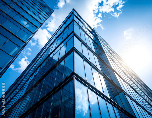 Modern office building facade under a clear sky.