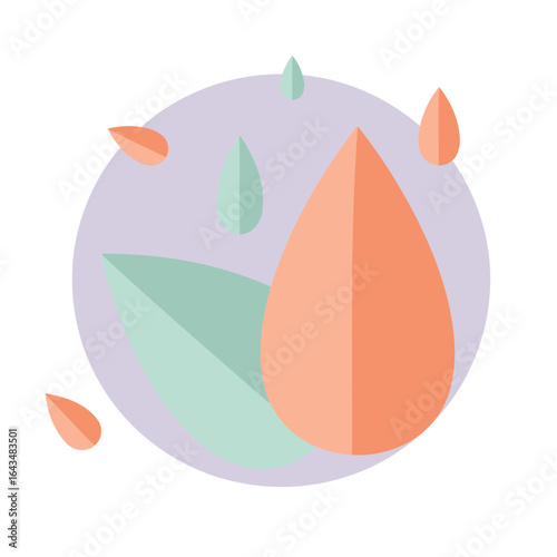 Abstract design of leaves and water droplets with a pale lavender background. Modern, minimalist illustration of nature elements.