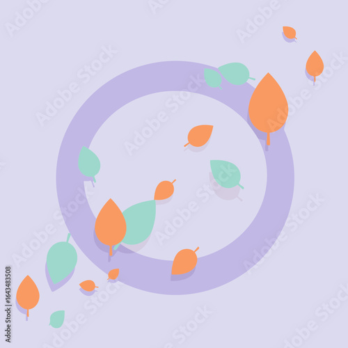Abstract design with orange and mint green leaves in a circle, displaying a simple, artistic composition. Falling leaves within a gentle pastel circle shape against a soft purple background.