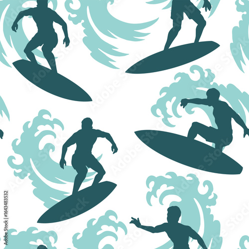 Dynamic surfing silhouettes against wave patterns