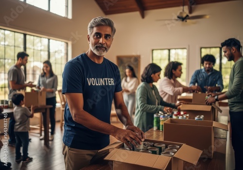 september event diverse volunteers packing food donations community service