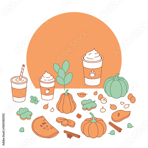 Autumnal beverages and seasonal treats displayed on a white surface. Pumpkin spice latte beverages and assorted autumnal food items are arranged against an orange backdrop.