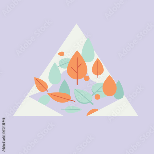 Abstract autumnal landscape design with a geometric triangle shape. Colorful leaves and trees arranged in a triangular formation against a lavender background.