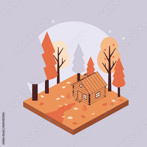 Autumn cabin nestled in a forest clearing, showcasing peaceful fall scenery.