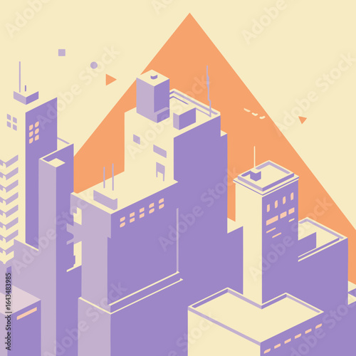 Abstract isometric cityscape of modern buildings in pastel hues. Geometric shapes and flat colors create a stylized urban scene with a contemporary aesthetic.