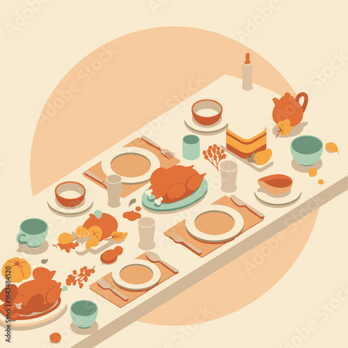 Thanksgiving dinner table setting with autumnal decorations. An isometric view shows a lavishly set table with roasted poultry, seasonal fruits, and autumnal decor.