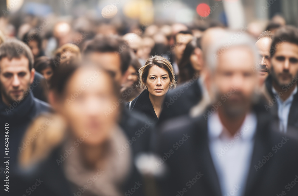 Fototapeta premium Blurred crowd of people walking down the street, with some wearing business attire