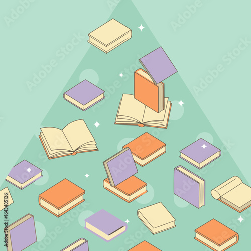 Colorful book illustrations in various pastel hues, displayed in an abstract pattern, floating on a light teal background.