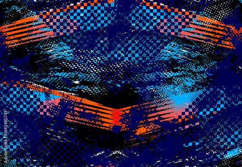 Patron de textura digital azul con pinceladas naranjas tipo glitch