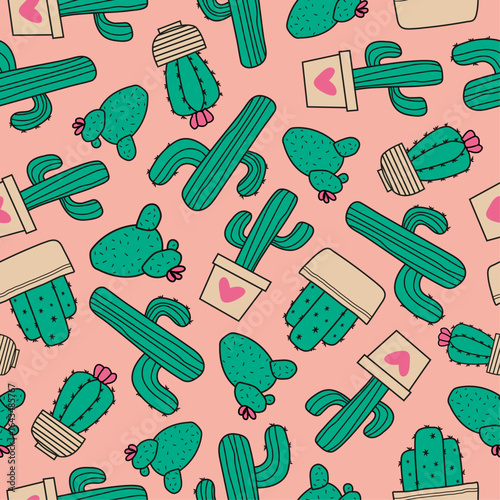 Patrón de cactus verdes con macetas decorativas sobre fondo rosa