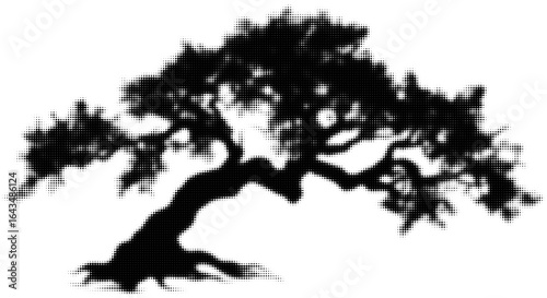 Silhouette of sprawling tree in black halftone pattern art design