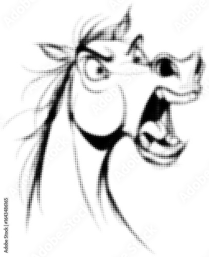 Stylized black and white dot art of an expressive horse's face, pop art style