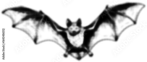 Silhouette of a flying bat in pixelated black and white art