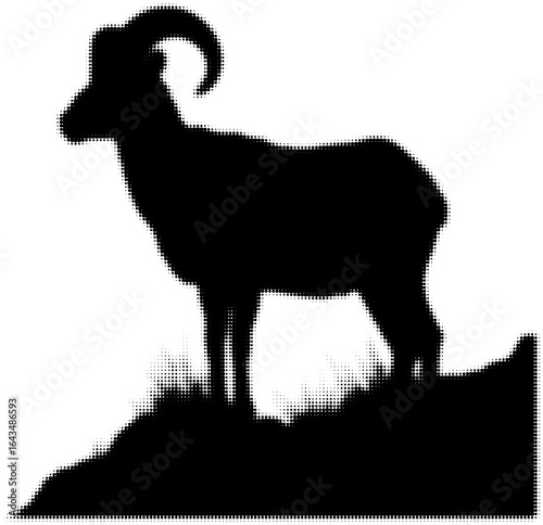 Silhouette of a mountain goat on a hilltop in black and white art style