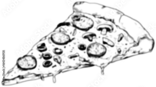 Halftone black and white pizza slice with dripping cheese illustration