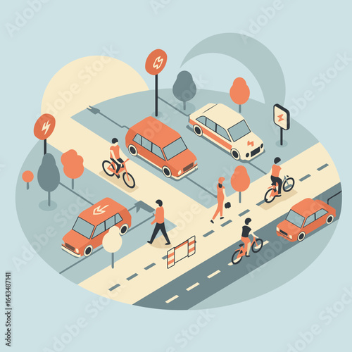 Urban Electric Vehicle Charging Station with Pedestrian and Cyclist Activity in a Residential Area. People walk, bike and drive cars along streets with EV charging stations.