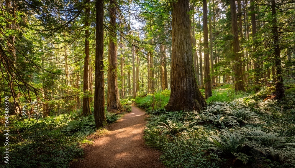 Obraz premium explore a serene forest trail surrounded by towering trees in a vibrant landscape during midday